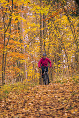 Fototapeta premium nice senior woman riding her mountainbike on the autumnal forest trails near Stuttgart, beautiful warm colors