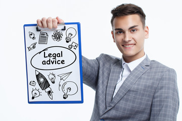 Business, technology, internet and network concept. Young businessman shows a keyword: Legal advice