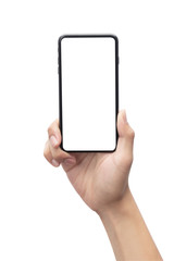 Male hand holding the black smartphone with blank screen isolated on white background with clipping path.