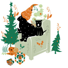 chrismas tree and cat santa claus with dog and gifts