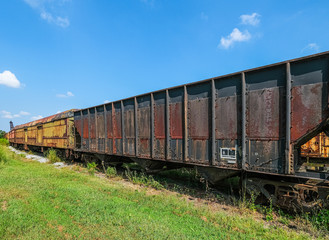 Fototapeta na wymiar Rusty Train Cars on Track in a Grassy Field