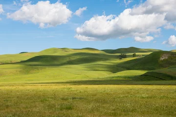 Foto op Aluminium Idyllic scene of green grassy hills dotted with light and shadow from fluffy white clouds in a beautiful blue sky © Jim Ekstrand