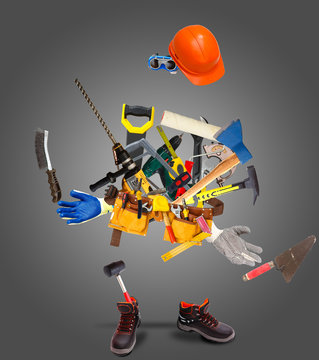 Construction tools with a shoes and a helmet cardboard box