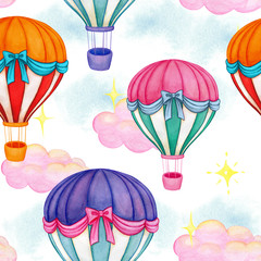 Watercolor colorful air balloons seamless pattern © angela0982