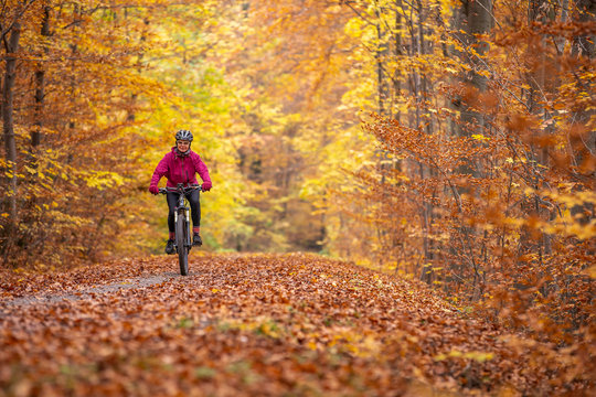 nice senior woman riding her mountainbike on the autumnal forest trails near Stuttgart, beautiful warm colors
