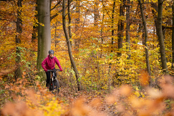 Obraz premium nice senior woman riding her mountainbike on the autumnal forest trails near Stuttgart, beautiful warm colors
