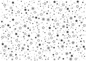 Random christmas decoration texture for background. Black falling stars and snowflakes isolated on white.