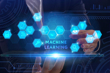 Fototapeta premium Business, Technology, Internet and network concept. Young businessman working on a virtual screen of the future and sees the inscription: