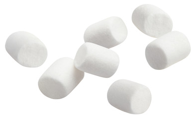 Flying marshmallows, isolated on white background - obrazy, fototapety, plakaty