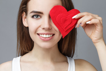 teen girl hold red heart. valentine day