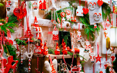 Ceramic Christmas Tree Decorations on Christmas Market at Gendarmenmarkt in Winter Berlin, Germany....
