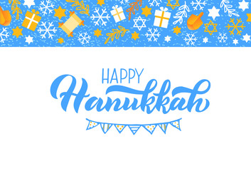 Fototapeta na wymiar Happy Hanukkah holiday lettering on white. Blue background with Hanukkah holiday symbols. Template vector template EP10