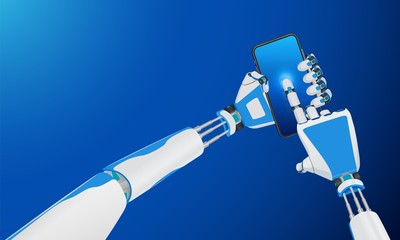 The concept of artificial intelligence. The mechanical arms of the robot with a smartphone. The technology of workflow automation. 3D illustration, blue background.