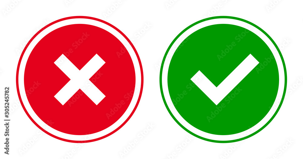 Aufkleber set of round x and check mark icons, buttons. flat cross and tick symbols on white background.