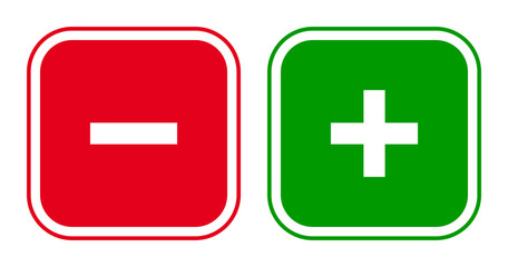 Obraz premium Set of square minus and plus sign icons, buttons. Flat negative and positive symbols on white background.