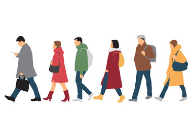 Fototapeta premium Silhouettes of men and women standing and walking, cartoon character, outerwear, group business people, vector illustration, flat designe icon, isolated on white background