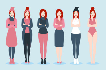 Fototapeta premium Young white girl with different outfits placed on blue background. Seasons: winter, spring ,summer, autumn. Colors: blue, gray, white, black, red. Flat design.- Vektorgrafik