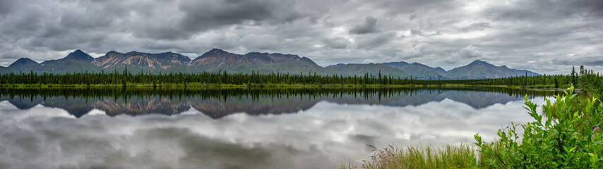 Alaska pine tree forest reflection on a lake 32:9 ultrawide