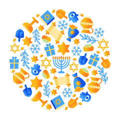 Hanukkah Jewish holiday vetor set. Hanukkah symbols - wooden dreidels, donuts, menorah, candles, oil pitcher, star of David, snowflakes, branches, goblet, hamesh, gelt, torah book, torah, vector EPS10
