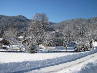 Road in snow and houses in winter landscape