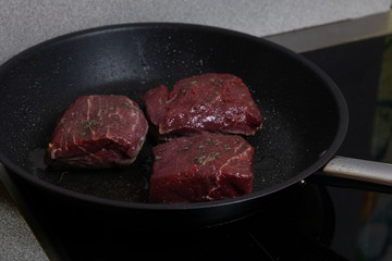 Meat beef steak cooked on the frying pan