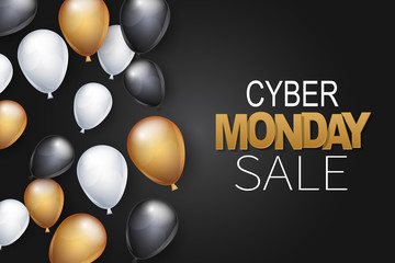 Cyber Monday Sale banner design template. Big sale advertising promo concept with balloons and typography text. Vector illustration.