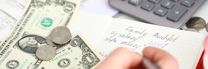 Male arm making notes in red notepad about family budget evaluating expenses