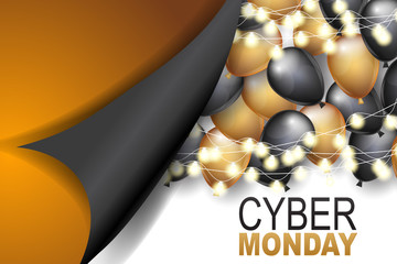 Cyber Monday Sale banner. Shiny balloons over wooden wall and glowing lights garland under peeling off wrapping paper. Vector illustration.