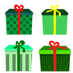 Gift box icons on white background. Green colorfully wrapped boxes. Illustration  side view. Gifts for Christmas, birthday anniversary celebration  Abstract design on the box red yellow ribbons tied