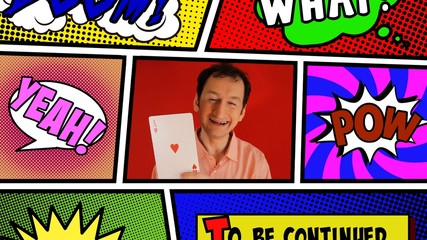 Inside a panel from a comic book page layout: a funny ugly man showing a huge poker card (ace of hearts).
