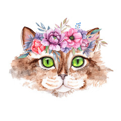 Watercolor Hand Drawn Cats and Flowers