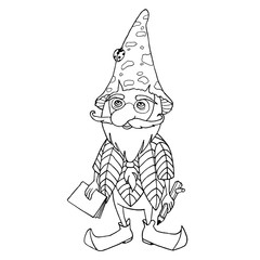 little gnome man with book and pencil and ladybug, fly agaric on his head, vector black and white