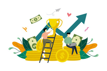 Business profit growth to success, profitable investment, profit increase, economic or market growth, coins stack and rising graph arrow up concept vector flat illustration template