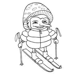 little gnome man with skis in a down jacket, fly agaric on his head, vector black and white
