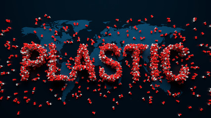 3d render of abstract background with plastic free idea. Plastic red cups on the world map. Plastic title text.