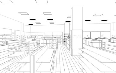 shopping mall, contour visualization, 3D illustration, sketch, outline