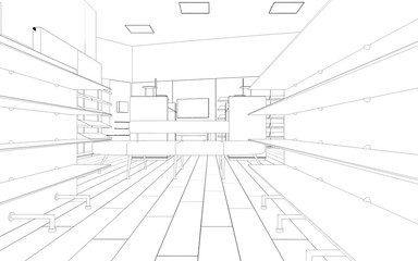shopping mall, contour visualization, 3D illustration, sketch, outline