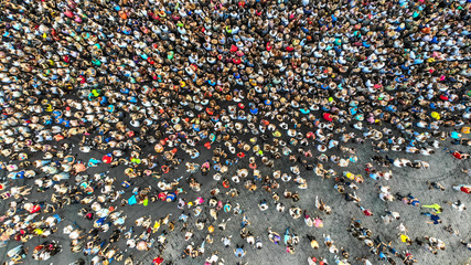 Fototapeta premium Aerial. Interested crowd of people in one place. Top view from drone.