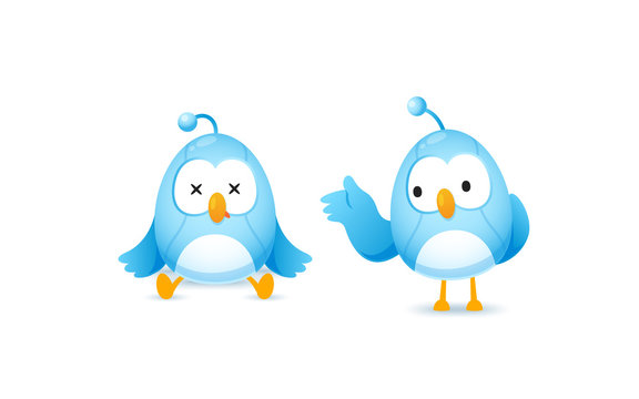 Set of cute bird robot character in error and present pose