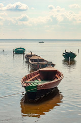 Fototapeta premium Boats and ships on lake Ladoga.