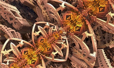 Computer generated 3D fractal.Figured wood carving on geometric background.