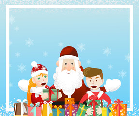 Santa Claus with two kids with Christmas Gifts background template