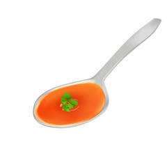 Tomato soup in a spoon with parsley, for packaging and menu design, liquid food.