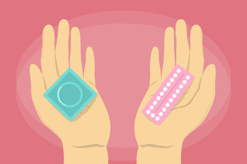 Condom and contraceptive pill in hands vector isolated.