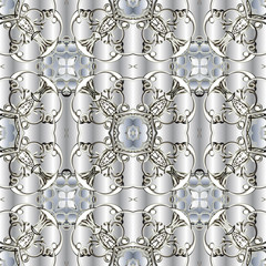 Light ornamental floral vector seamless pattern. White surface drapery background. Repeat silver backdrop. Vintage ornaments with abstract flowers, shapes, lines. Decorative design. Endless texture