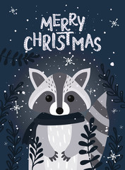 Fototapeta premium Template Christmas greeting card with a raccoon. Christmas winter vector illustration