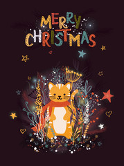 Template Christmas greeting card with a cat and floral. Christmas winter vector illustration