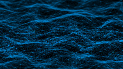 Fototapeta premium Modern background of dots connected by lines of blue colors with blurred black background