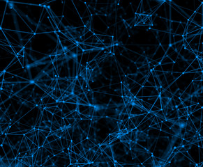 Modern background of dots connected by lines of blue colors with blurred black background