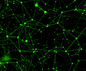 Fototapeta premium Modern background of dots connected by lines of green colors with blurred black background
